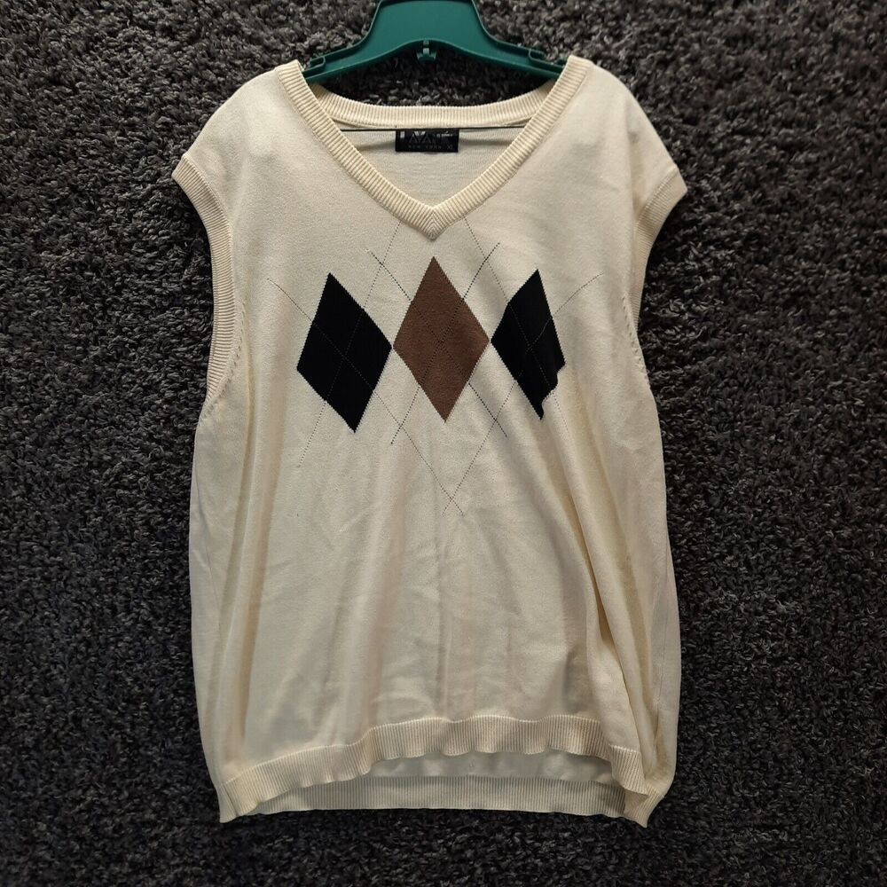 Vintage LaVane Sweater Vest Men XL Beige Diamond Sleevless Lightweight V Neck